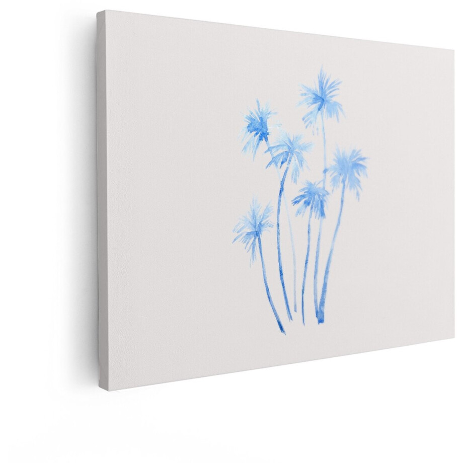 Artaza Canvas Schilderij Delicaat Aquarelschildering van Blauwe Palmbomen op een Lichte Achtergrond - 80x60 cm - Wanddecoratie Woonkamer - Schilderijen - Muurdecoratie afbeelding 1