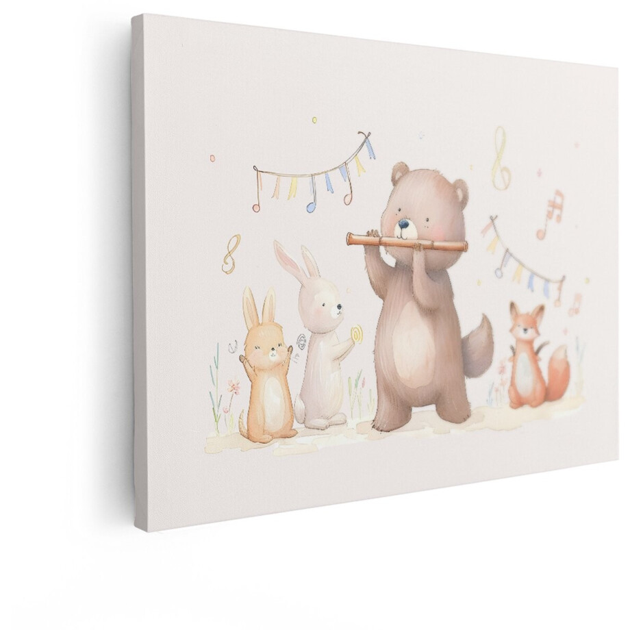 Artaza Canvas Schilderij Schattige Dieren - 40x30 cm - Wanddecoratie Kinderkamer - Muurdecoratie Konijn En Vos - Decoratie Babykamer Muziek afbeelding 1