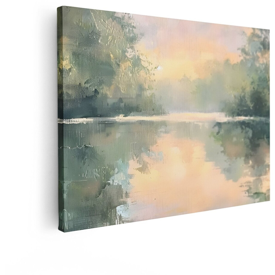 Artaza Canvas Schilderij Impressionistische Schilderij van een Serene Rivier bij Zonsopgang met Weerspiegelingen - 40x30 cm - Klein - Wanddecoratie Woonkamer - Schilderijen - Muurdecoratie afbeelding 1