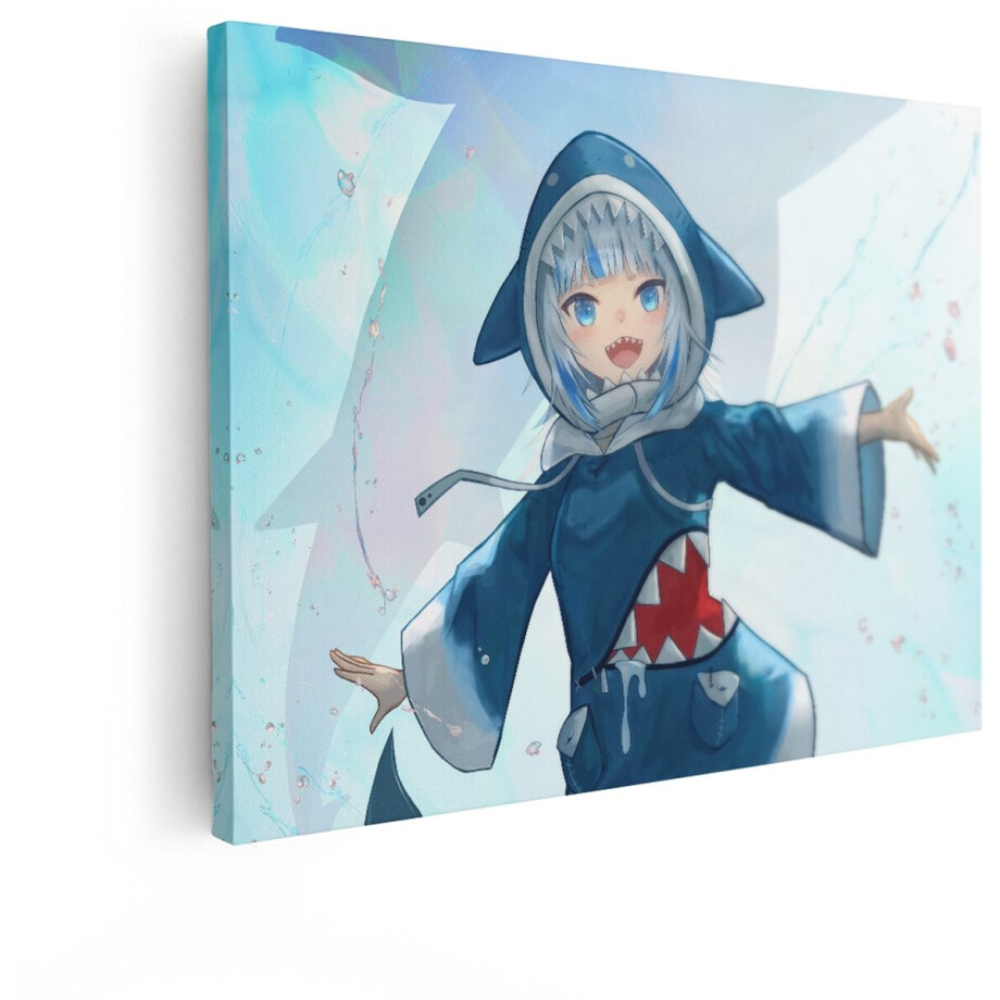 Artaza Canvas Schilderij Vrolijke Anime Haai Meisje met Blauwe Ogen en Haaienkostuum - 80x60 cm - Wanddecoratie Woonkamer - Schilderijen - Muurdecoratie afbeelding 1