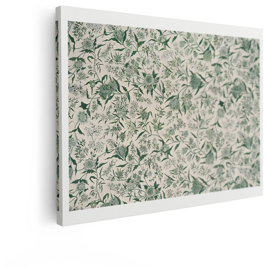Artaza Canvas Schilderij Bloemen - 80x60 cm - Wanddecoratie Vintage Bloemenpatroon - Muurdecoratie Groen - Schilderijen Op Canvas afbeelding 1