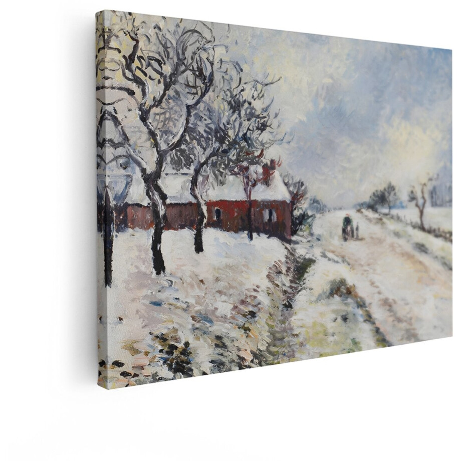 Artaza Canvas Schilderij Impressionistisch Winterlandschap met Huizen en Reizigers op een Besneeuwde Weg - 40x30 cm - Klein - Wanddecoratie Woonkamer - Schilderijen - Muurdecoratie afbeelding 1
