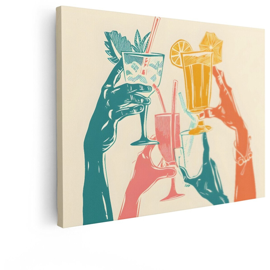 Artaza Canvas Schilderij Vrolijke Handen Heffen Kleurrijke Zomerse Cocktails voor een Toast - 120x90 cm - Groot - Wanddecoratie Woonkamer - Schilderijen - Muurdecoratie afbeelding 1