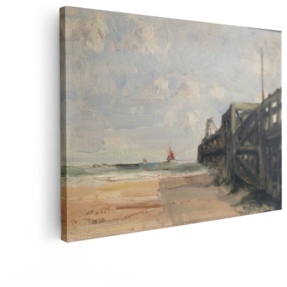 Artaza Canvas Schilderij Strand Zee - 80x60 cm - Wanddecoratie Pier - Muurdecoratie Zeilboot - Schilderijen Landschap afbeelding 1