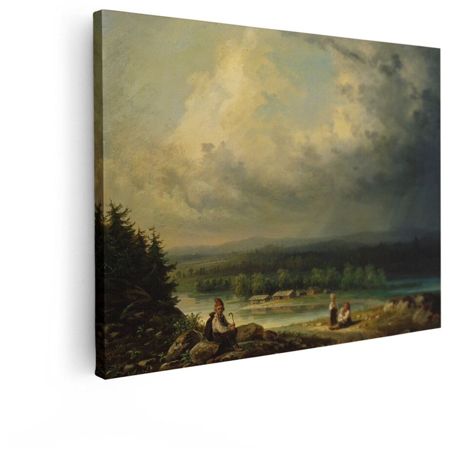 Artaza Canvas Schilderij Een Schilderachtig Landschap met een Dreigende Onweersbui boven een Dorp aan het Water - 40x30 cm - Klein - Wanddecoratie Woonkamer - Schilderijen - Muurdecoratie afbeelding 1