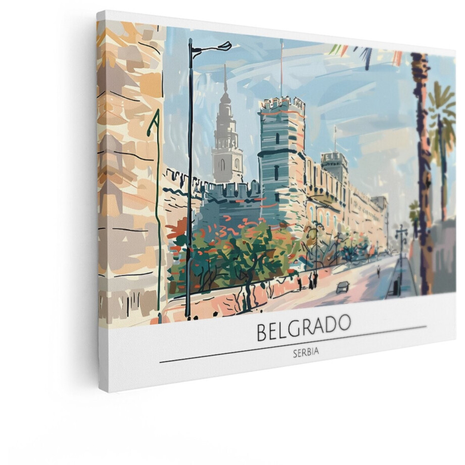 Artaza Canvas Schilderij Schilderachtige Weergave van de Vesting van Belgrado met Palmbomen en een Straat - 80x60 cm - Wanddecoratie Woonkamer - Schilderijen - Muurdecoratie afbeelding 1