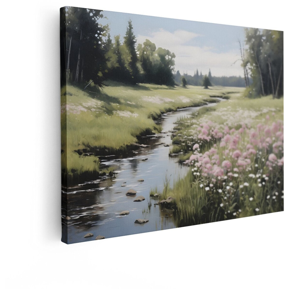 Artaza Canvas Schilderij Landschap - 80x60 cm - Wanddecoratie Natuur - Muurdecoratie Bloemenweide - Schilderijen Op Canvas Beek - Roze afbeelding 1