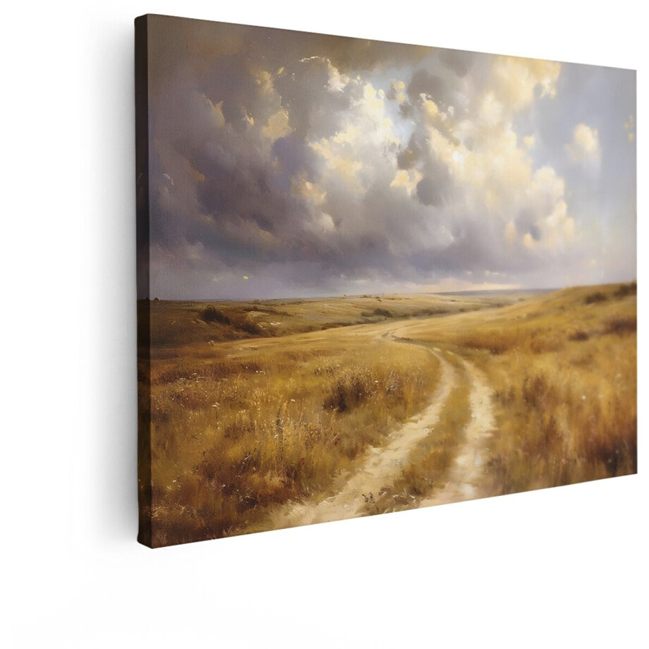 Artaza Canvas Schilderij Gouden Veldweg Kronkelt door Weids Landschap onder Dramatische Wolkenhemel - 40x30 cm - Klein - Wanddecoratie Woonkamer - Schilderijen - Muurdecoratie afbeelding 1