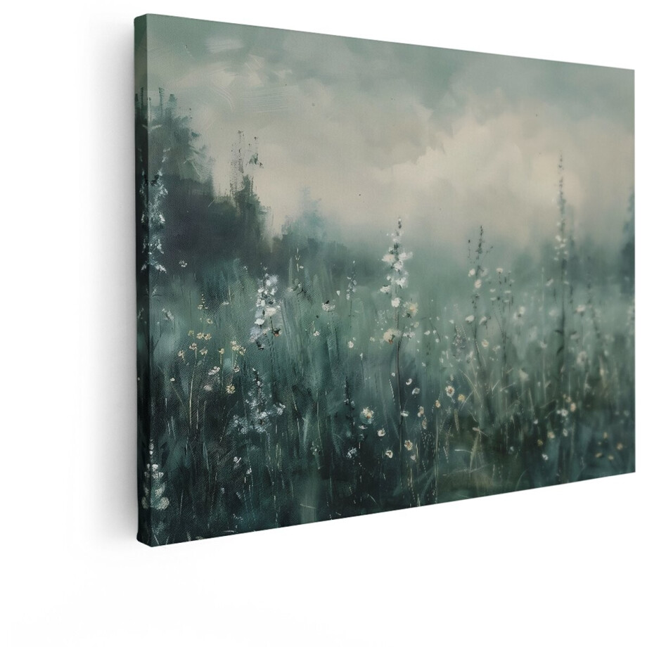 Artaza Canvas Schilderij Schilderij van een Mistig Veld met Witte Bloemen en Hoge Grassen - 80x60 cm - Wanddecoratie Woonkamer - Schilderijen - Muurdecoratie afbeelding 1