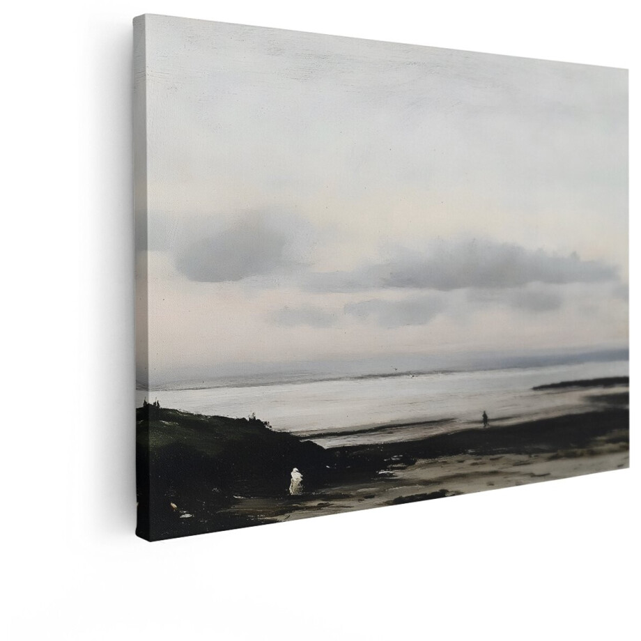 Artaza Canvas Schilderij Grijze Lucht boven een Rustige Zee met een Eenzame Wandelaar op het Strand - 40x30 cm - Klein - Wanddecoratie Woonkamer - Schilderijen - Muurdecoratie afbeelding 1