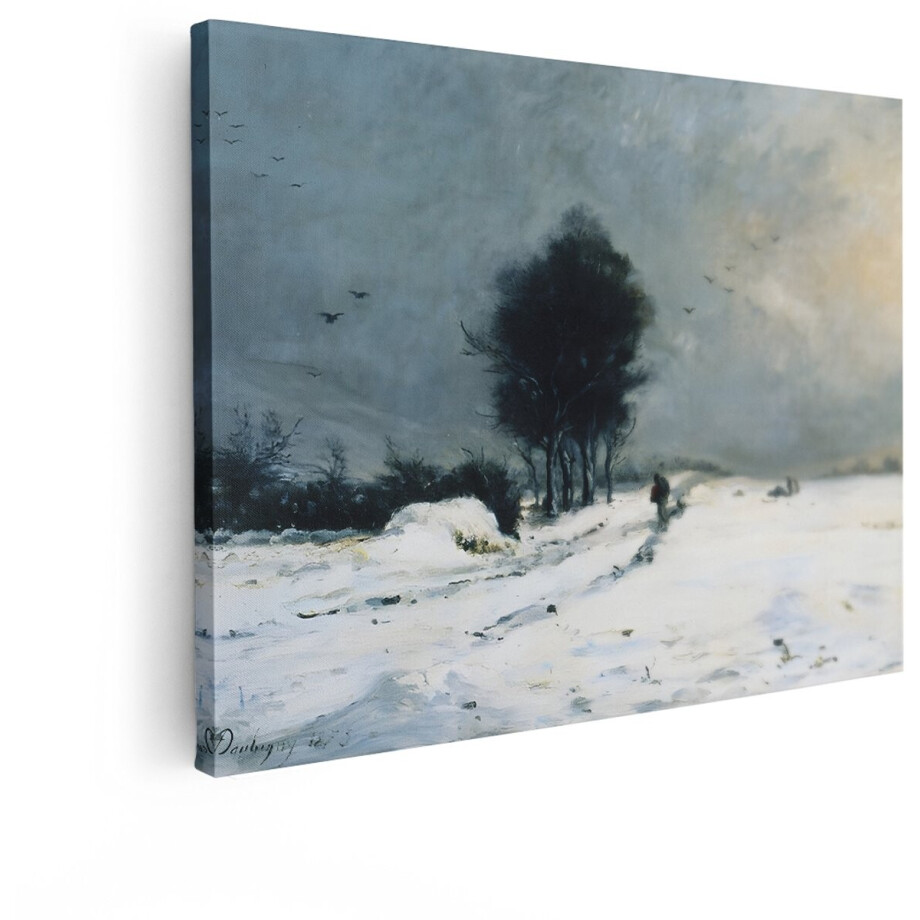Artaza Canvas Schilderij Een Schilderij van een Winterlandschap met Mensen en Vogels in de Lucht - 80x60 cm - Wanddecoratie Woonkamer - Schilderijen - Muurdecoratie Artaza Canvas Schilderij Een Schilderij van een Winterlandschap met Mensen en Vogels in de Lucht - 80x60 cm - Wanddecoratie Woonkamer - Schilderijen - Muurdecoratie afbeelding 1