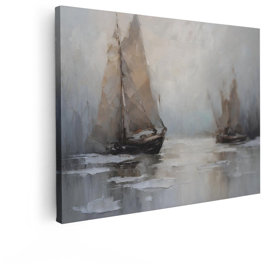 Artaza Canvas Schilderij Impressionistische Schilderij van Zeilboten op een Mistige Zee met Dikke Verfstreken - 120x90 cm - Groot - Wanddecoratie Woonkamer - Schilderijen - Muurdecoratie afbeelding 1