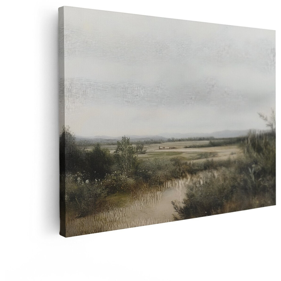Artaza Canvas Schilderij Schilderachtig Landschap met een Landweggetje en Verre Heuvels onder een Grijze Hemel - 40x30 cm - Klein - Wanddecoratie Woonkamer - Schilderijen - Muurdecoratie afbeelding 1