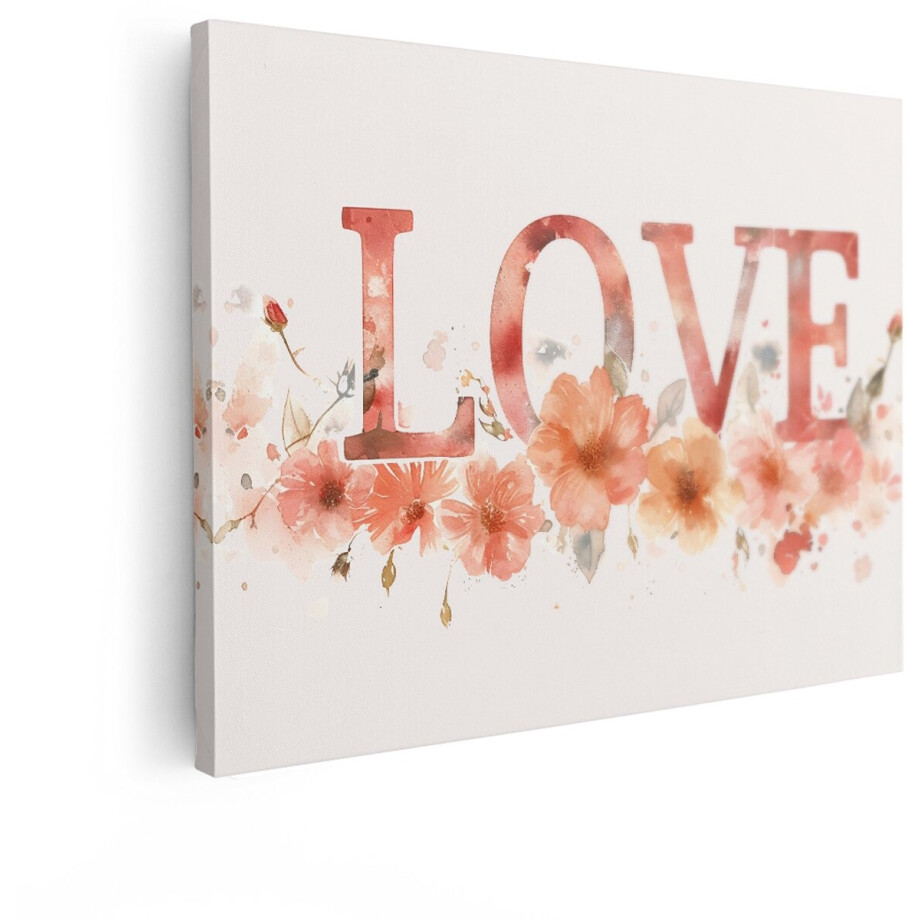 Artaza Canvas Schilderij Love Tekst - 40x30 cm - Wanddecoratie Bloemen - Muurdecoratie Romantisch - Schilderijen Op Canvas Roze afbeelding 1