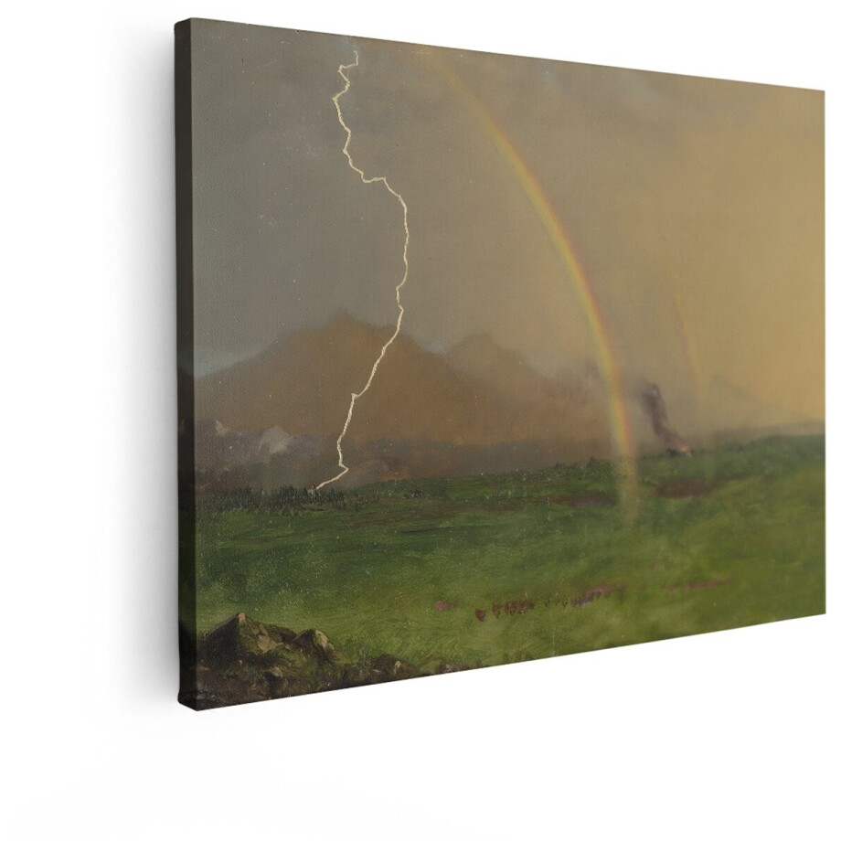 Artaza Canvas Schilderij Onweer met Bliksem en Dubbele Regenboog boven Berglandschap en Groen Veld - 40x30 cm - Klein - Wanddecoratie Woonkamer - Schilderijen - Muurdecoratie afbeelding 1