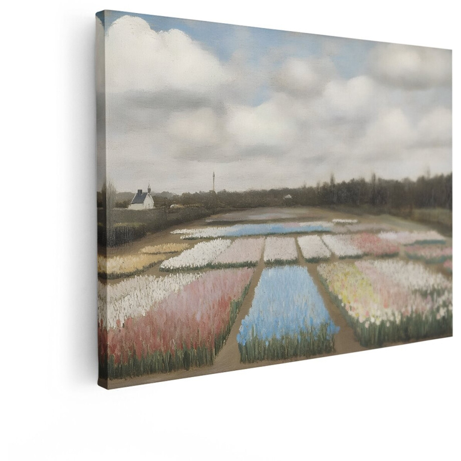 Artaza Canvas Schilderij Schilderij van een Bloemenveld met Rijen Tulpen en een Huisje - 120x90 cm - Groot - Wanddecoratie Woonkamer - Schilderijen - Muurdecoratie afbeelding 1