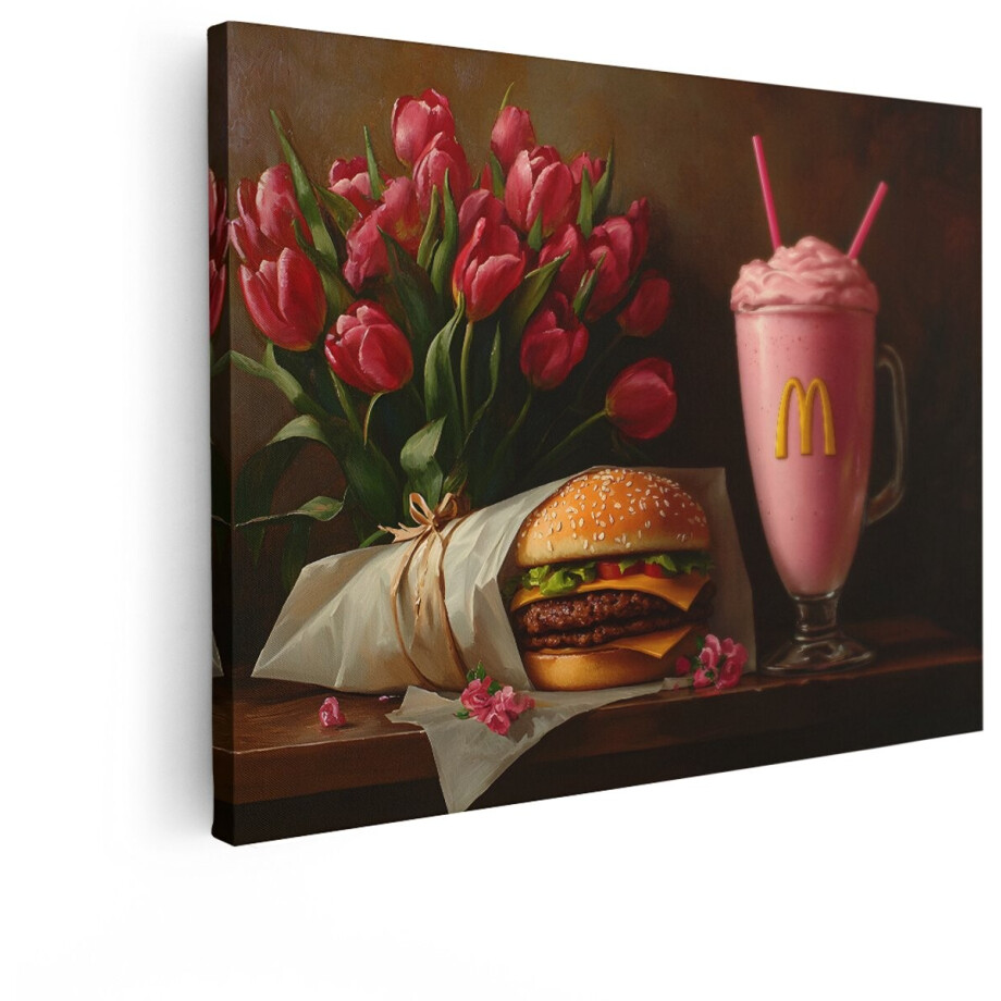 Artaza Canvas Schilderij Romantisch Diner met Mcdonald'S Hamburger en Roze Milkshake - Omringd door Tulpen - 120x90 cm - Groot - Wanddecoratie Woonkamer - Schilderijen - Muurdecoratie afbeelding 1