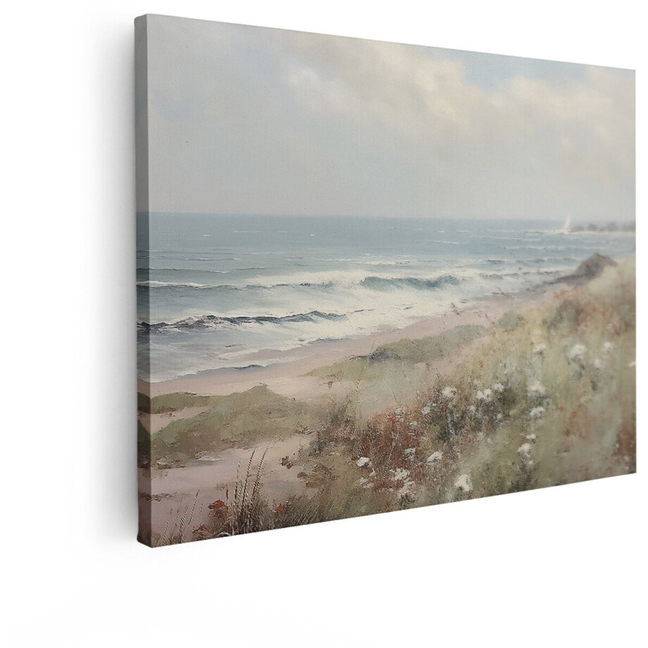 Artaza Canvas Schilderij Schilderachtig Duinlandschap met Golven en een Zeilboot op Zee - 80x60 cm - Wanddecoratie Woonkamer - Schilderijen - Muurdecoratie afbeelding 1