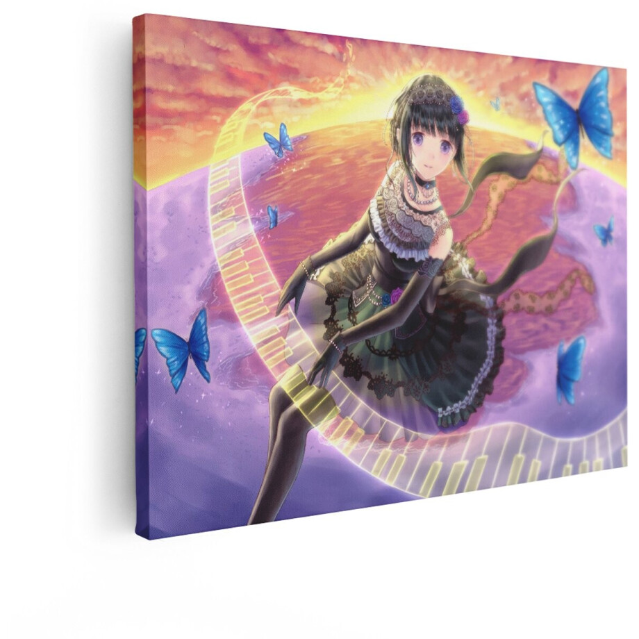 Artaza Canvas Schilderij Anime Meisje - 80x60 cm - Wanddecoratie Vlinders - Muurdecoratie Piano - Decoratie Zonsondergang Slaapkamer afbeelding 1