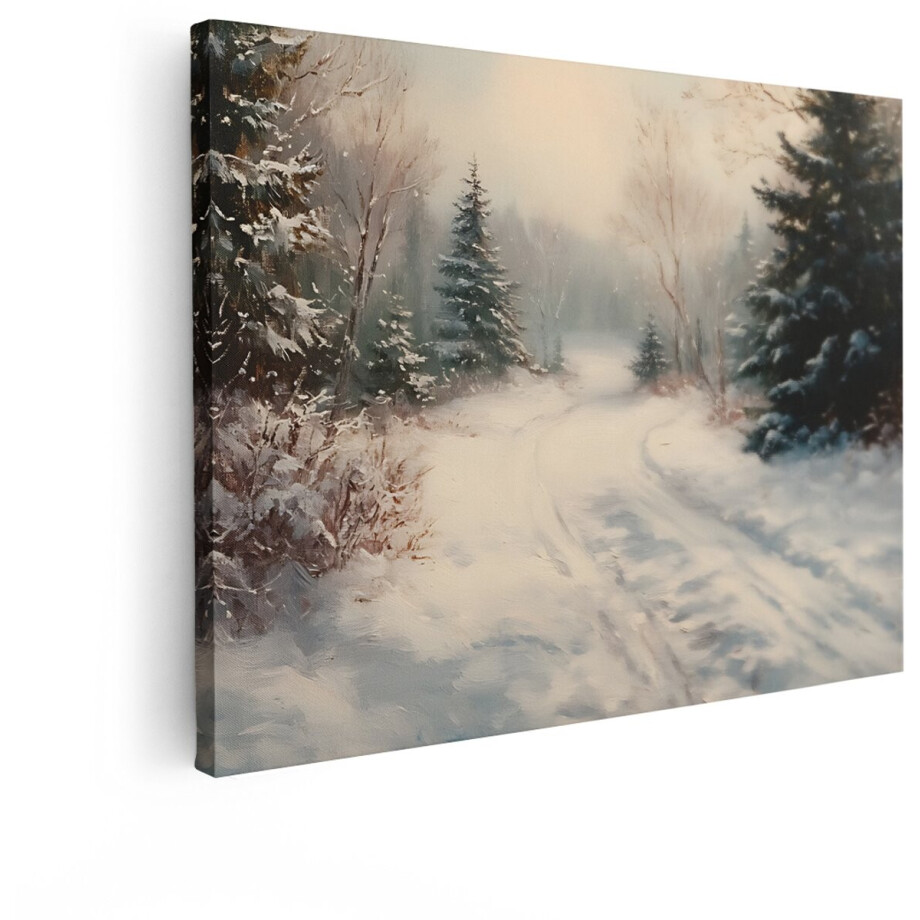 Artaza Canvas Schilderij Schilderachtige Besneeuwde Bosweg met Sporen in de Winterse Natuur - 80x60 cm - Wanddecoratie Woonkamer - Schilderijen - Muurdecoratie afbeelding 1