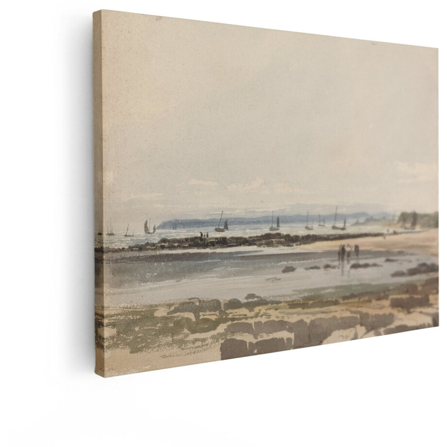 Artaza Canvas Schilderij Waterverf Schilderij van een Kustlijn met Boten en Mensen op het Strand - 80x60 cm - Wanddecoratie Woonkamer - Schilderijen - Muurdecoratie afbeelding 1