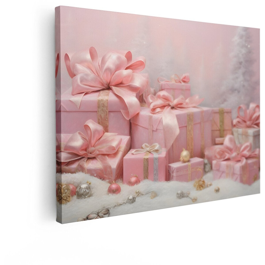 Artaza Canvas Schilderij Roze Kerstcadeaus met Strikken op Sneeuw met Kerstboom op Achtergrond - 40x30 cm - Klein - Wanddecoratie Woonkamer - Schilderijen - Muurdecoratie afbeelding 1