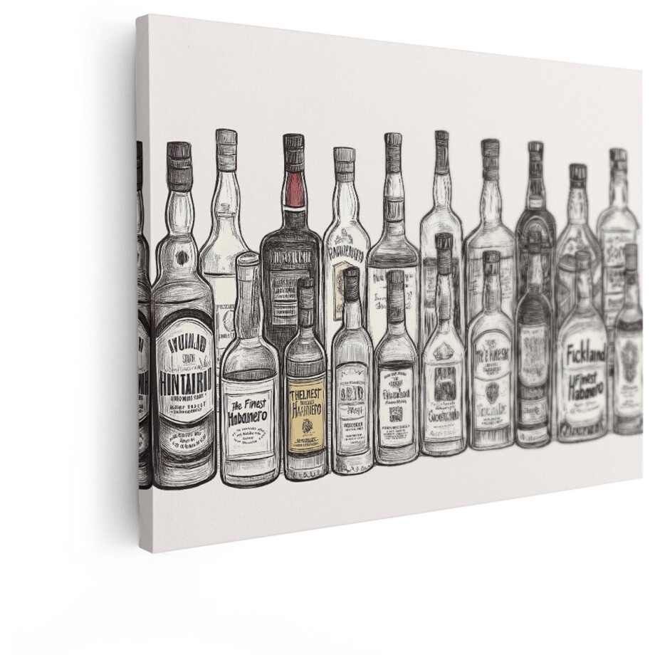 Artaza Canvas Schilderij Diverse Collectie Flessen met Alcoholische Dranken in Schetsstijl - 120x90 cm - Groot - Wanddecoratie Woonkamer - Schilderijen - Muurdecoratie afbeelding 1