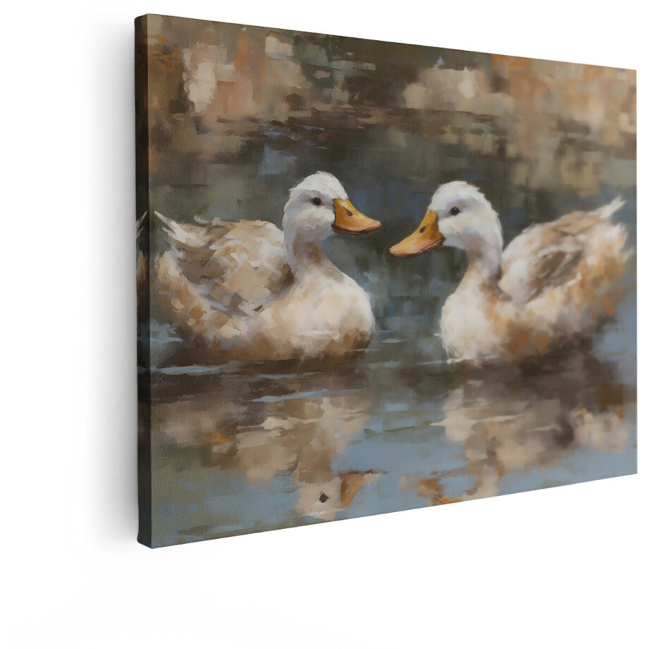 Artaza Canvas Schilderij Witte Eenden - 40x30 cm - Wanddecoratie Vogels Vijver - Muurdecoratie Landelijk - Decoratie Natuur - Kamer Accessoires afbeelding 1