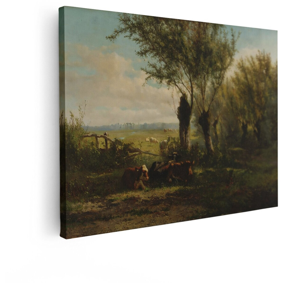 Artaza Canvas Schilderij Rustende Koeien in een Weelderig Groen Landschap met Wilgenbomen - 40x30 cm - Klein - Wanddecoratie Woonkamer - Schilderijen - Muurdecoratie afbeelding 1