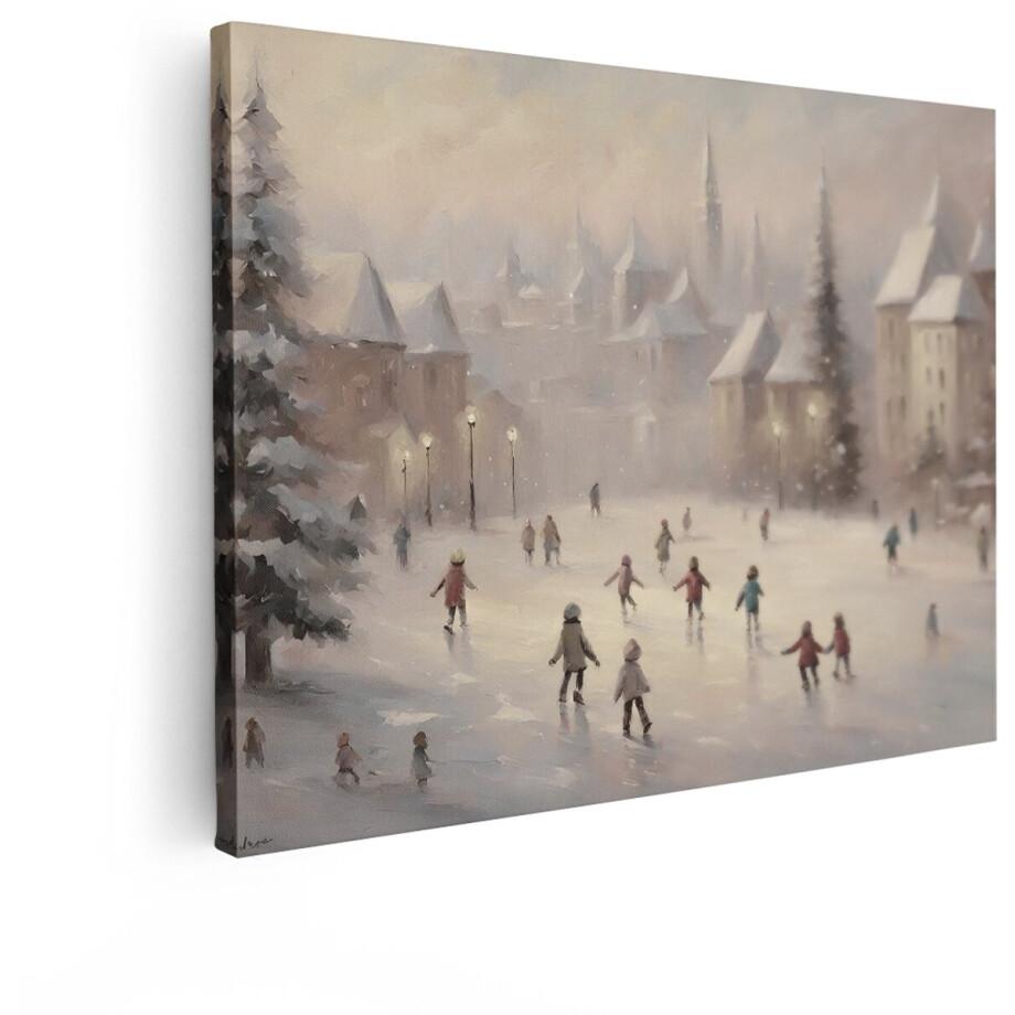 Artaza Canvas Schilderij Winter Schilderij - 120x90 cm - Wanddecoratie Schaatsende Kinderen - Muurdecoratie Landschap - Decoratie Woonkamer afbeelding 1