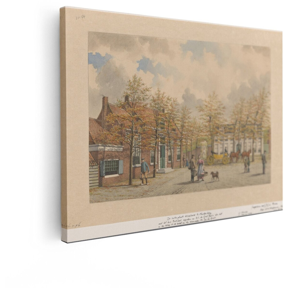 Artaza Canvas Schilderij Historisch Dorpsgezicht met Koets en Paarden in de Herfst met Bomen - 80x60 cm - Wanddecoratie Woonkamer - Schilderijen - Muurdecoratie afbeelding 1