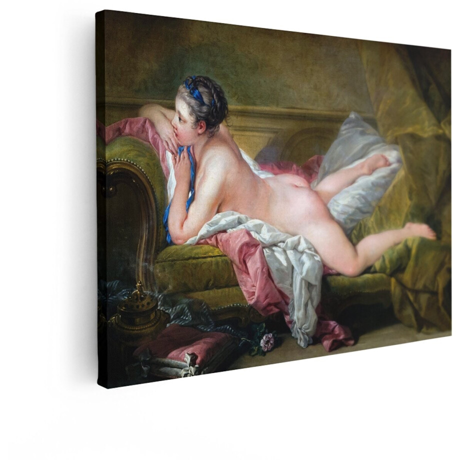 Artaza Canvas Schilderij Franse Rococokunst: Vrouw Liggend op een Sofa met Zijden Stoffen - 120x90 cm - Groot - Wanddecoratie Woonkamer - Schilderijen - Muurdecoratie afbeelding 1