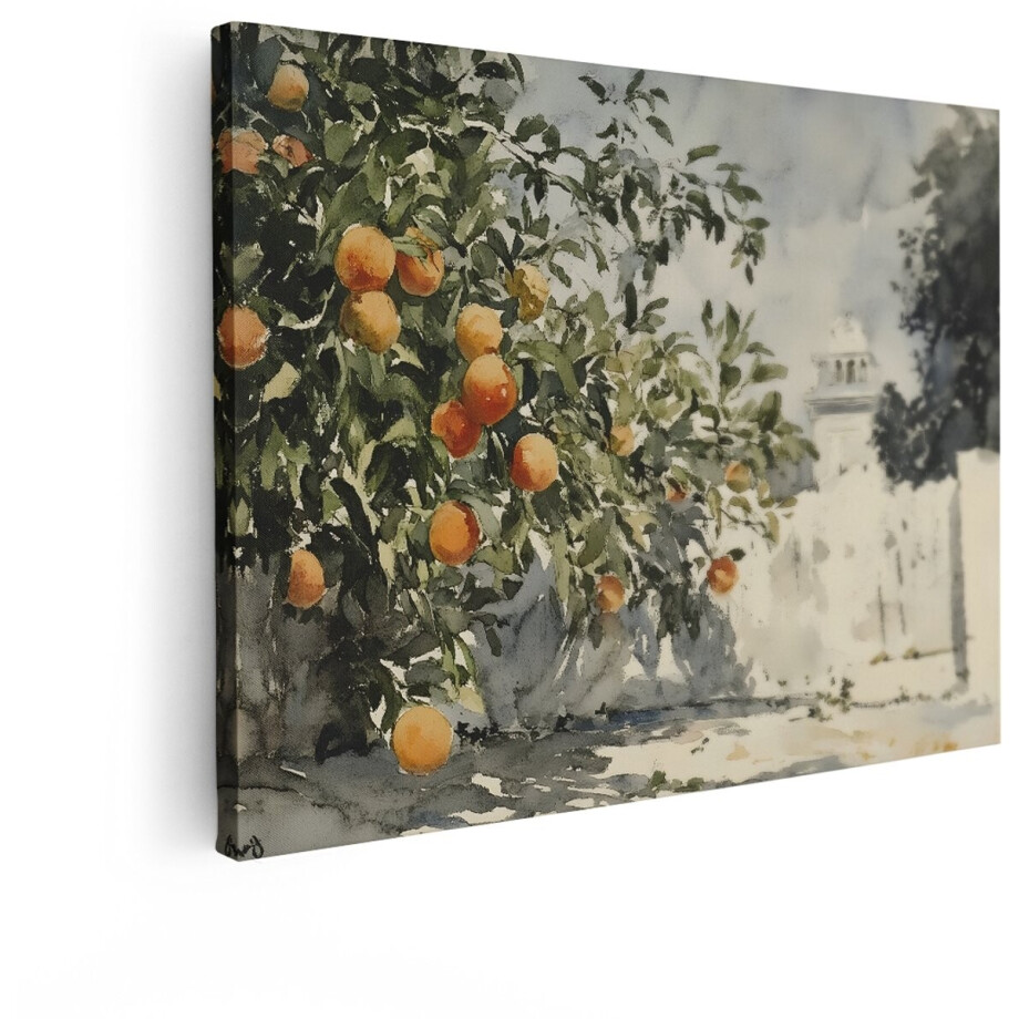 Artaza Canvas Schilderij Zomerse Sinaasappelboom met Rijpe Vruchten en een Architectonisch Gebouw op de Achtergrond - 40x30 cm - Klein - Wanddecoratie Woonkamer - Schilderijen - Muurdecoratie afbeelding 1