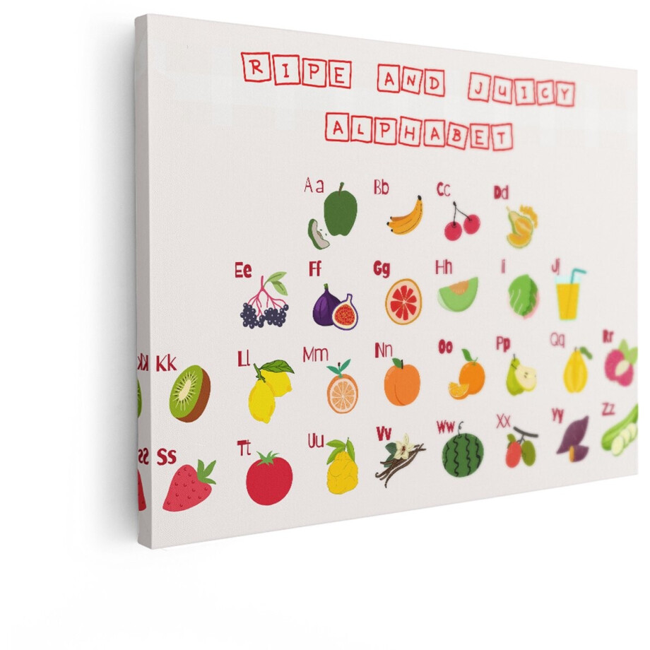 Artaza Canvas Schilderij Fruit Alfabet - 80x60 cm - Wanddecoratie Kinderkamer - Muurdecoratie Educatief - Decoratie Kleurrijk afbeelding 1