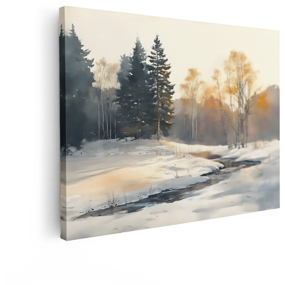 Artaza Canvas Schilderij Winterlandschap - 80x60 cm - Wanddecoratie Besneeuwd Bos - Muurdecoratie Natuur - Schilderijen Op Canvas Bomen afbeelding 1