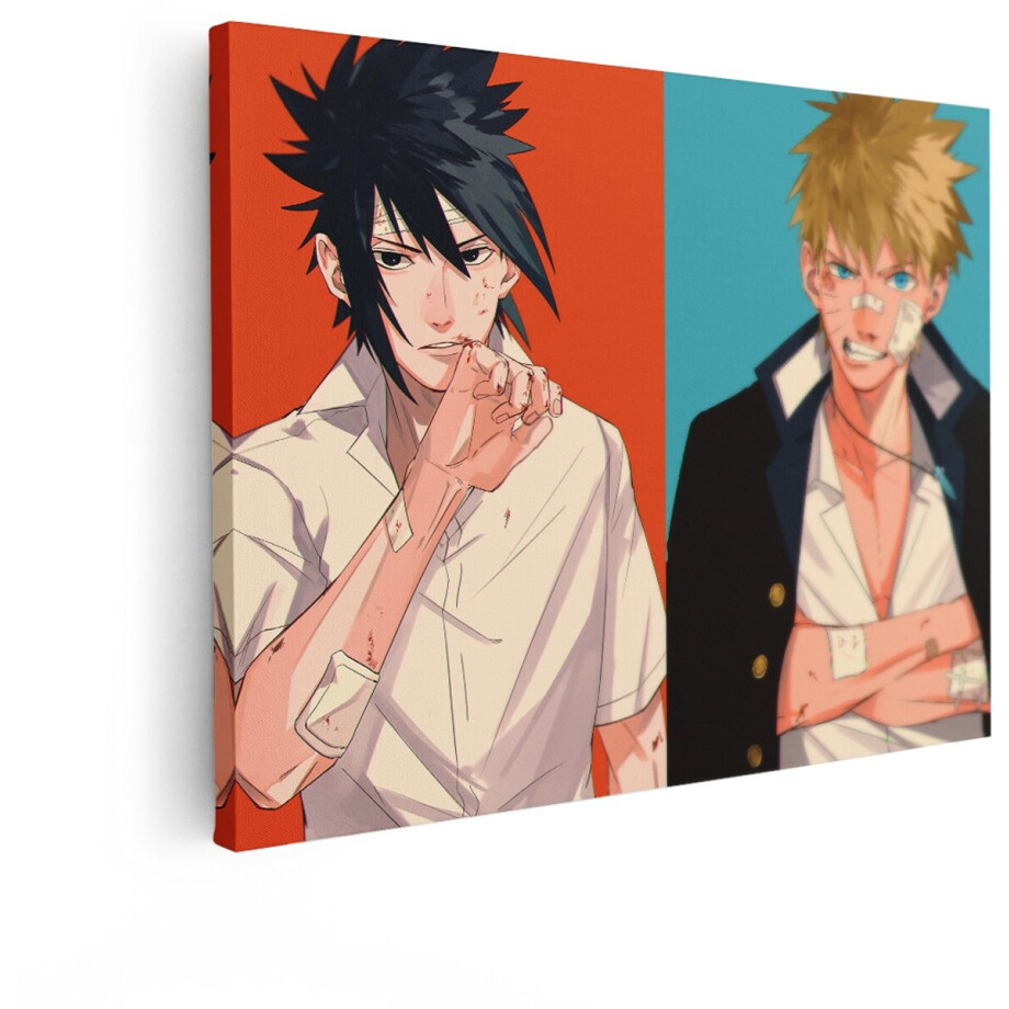 Artaza Canvas Schilderij Sasuke en Naruto met Pleisters en Verwondingen - Anime Stijl - 80x60 cm - Wanddecoratie Woonkamer - Schilderijen - Muurdecoratie afbeelding 1