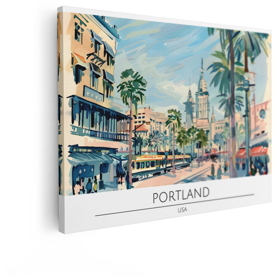 Artaza Canvas Schilderij Portland - 80x60 cm - Wanddecoratie Amerika - Muurdecoratie Skyline - Decoratie Stad Aquarel - Schilderijen Op Canvas afbeelding 1