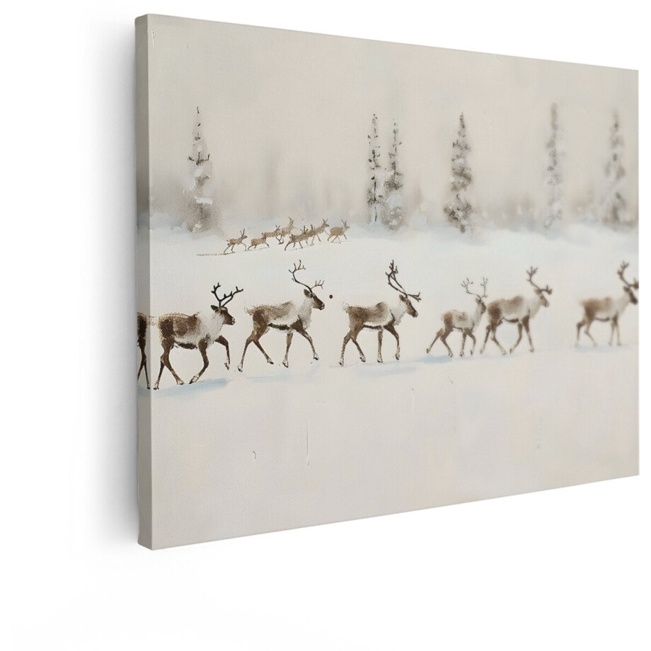 Artaza Canvas Schilderij Kudde Rendieren - 40x30 cm - Wanddecoratie Winterlandschap - Muurdecoratie Bos - Schilderijen Op Canvas afbeelding 1