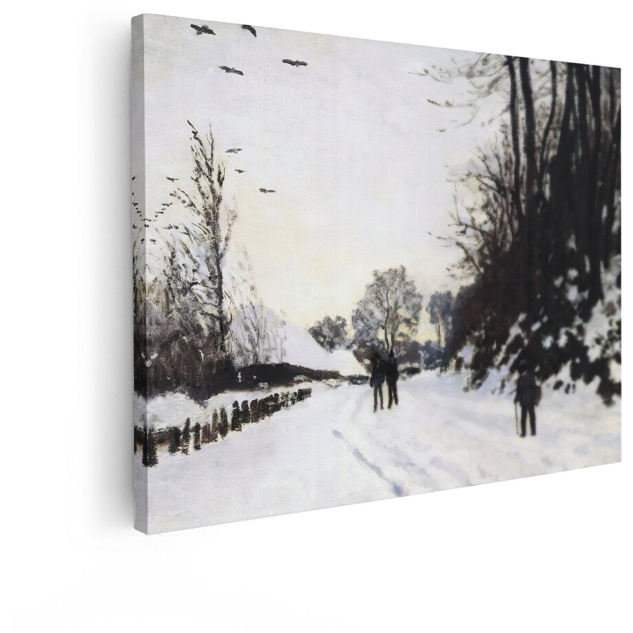 Artaza Canvas Schilderij Impressionistisch Winterlandschap met Wandelaars en Vogels in de Lucht - 80x60 cm - Wanddecoratie Woonkamer - Schilderijen - Muurdecoratie afbeelding 1