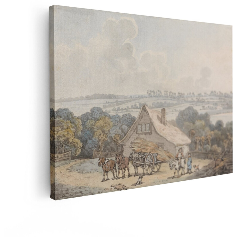 Artaza Canvas Schilderij Boerderij met Paarden en Wagens in een Landelijk Landschap - 18E-Eeuwse Aquarel - 120x90 cm - Groot - Wanddecoratie Woonkamer - Schilderijen - Muurdecoratie afbeelding 1