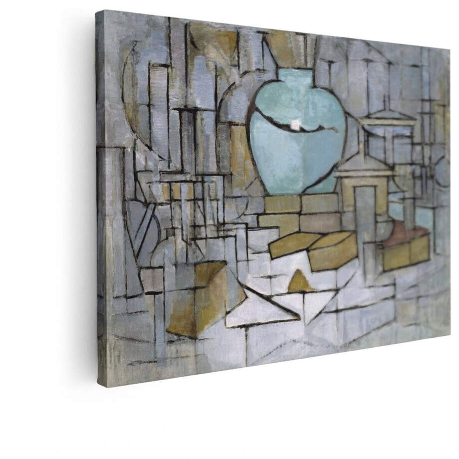 Artaza Canvas Schilderij Stilleven met Vaas en Geometrische Vormen in de Stijl van Mondriaan - 40x30 cm - Klein - Wanddecoratie Woonkamer - Schilderijen - Muurdecoratie afbeelding 1