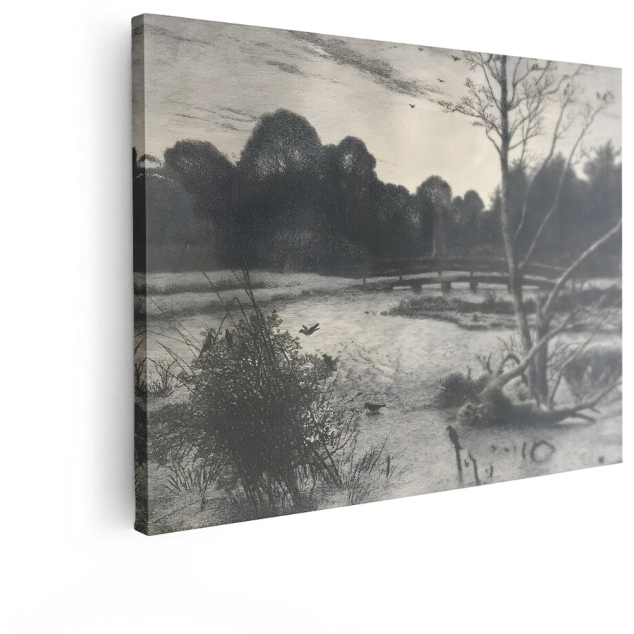 Artaza Canvas Schilderij Landschap - 40x30 cm - Wanddecoratie Vintage Natuur - Muurdecoratie Bos En Vogels - Schilderijen Op Canvas Zwart Wit afbeelding 1