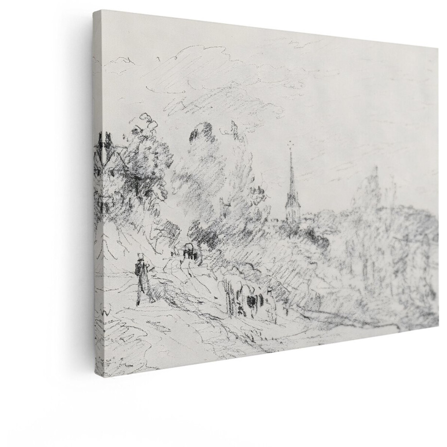 Artaza Canvas Schilderij Schets van een Landschap met een Kerk en Karren op een Landweg - 120x90 cm - Groot - Wanddecoratie Woonkamer - Schilderijen - Muurdecoratie afbeelding 1