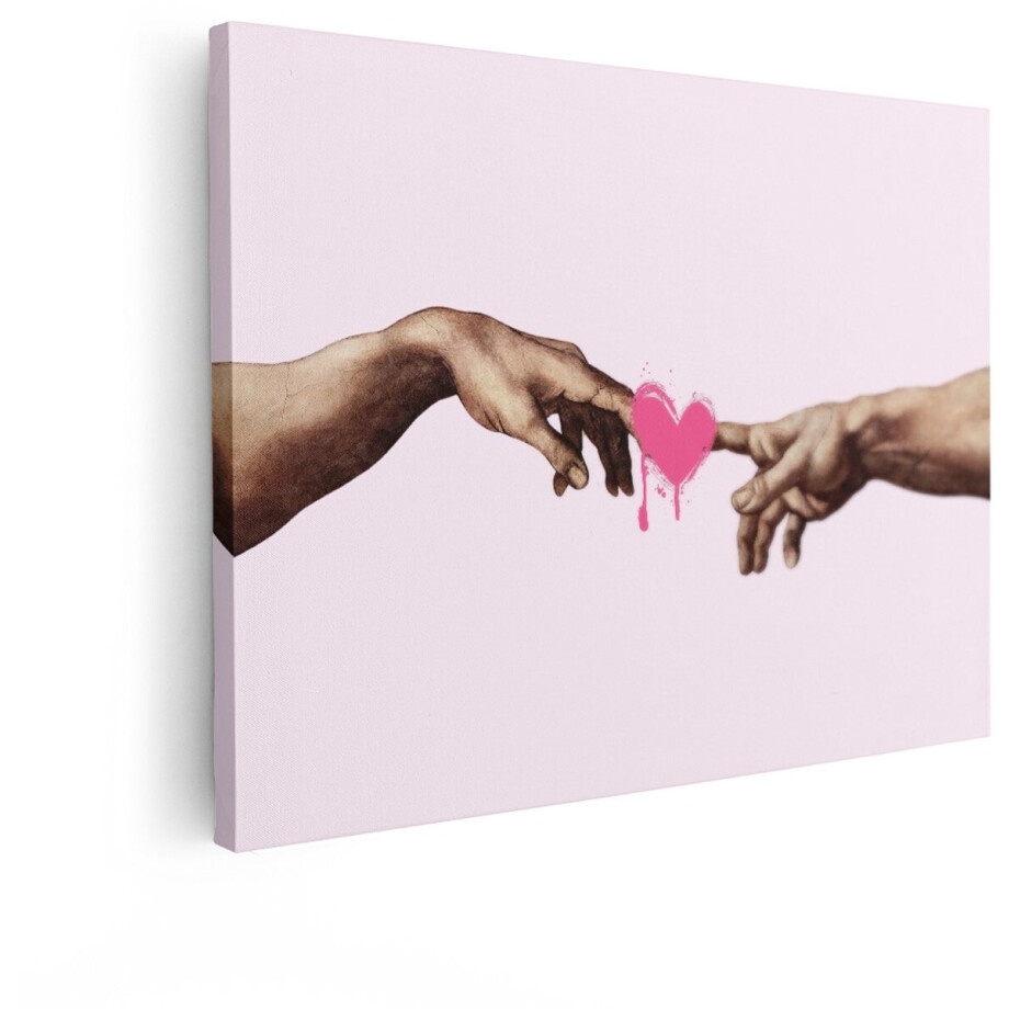 Artaza Canvas Schilderij Twee Handen Raken Elkaar aan met een Roze Hart - een Moderne Twist op de Schepping van Adam - 120x90 cm - Groot - Wanddecoratie Woonkamer - Schilderijen - Muurdecoratie afbeelding 1