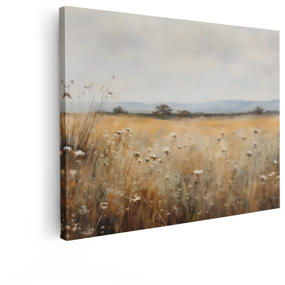 Artaza Canvas Schilderij Schilderachtig Veld met Wilde Bloemen en Grassen onder een Bewolkte Hemel - 80x60 cm - Wanddecoratie Woonkamer - Schilderijen - Muurdecoratie afbeelding 1