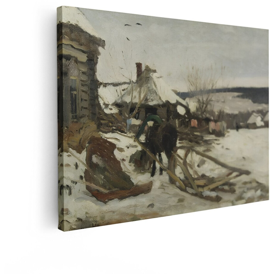 Artaza Canvas Schilderij Schilderij van een Winterlandschap met een Paard en Boerderijen in de Sneeuw - 80x60 cm - Wanddecoratie Woonkamer - Schilderijen - Muurdecoratie afbeelding 1