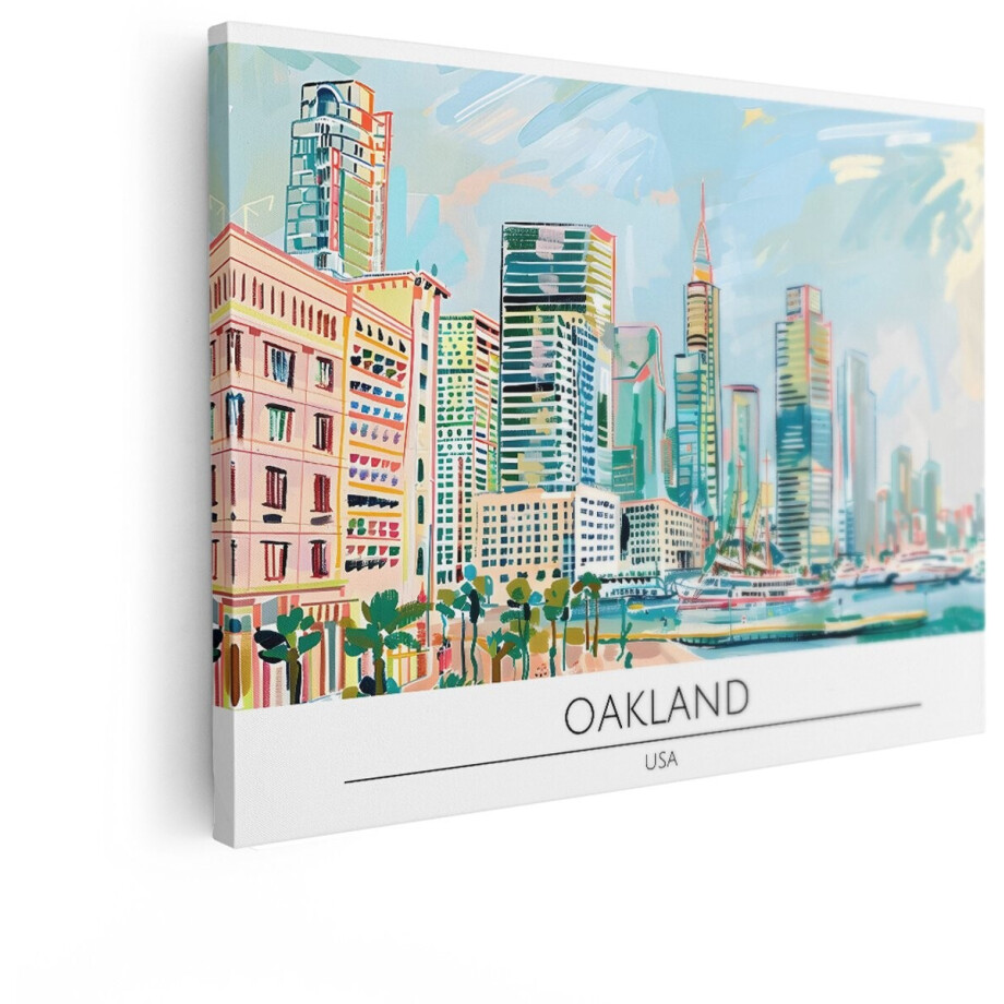 Artaza Canvas Schilderij Kleurrijke Impressie van de Skyline van Oakland met Boten en Palmbomen - 120x90 cm - Groot - Wanddecoratie Woonkamer - Schilderijen - Muurdecoratie afbeelding 1