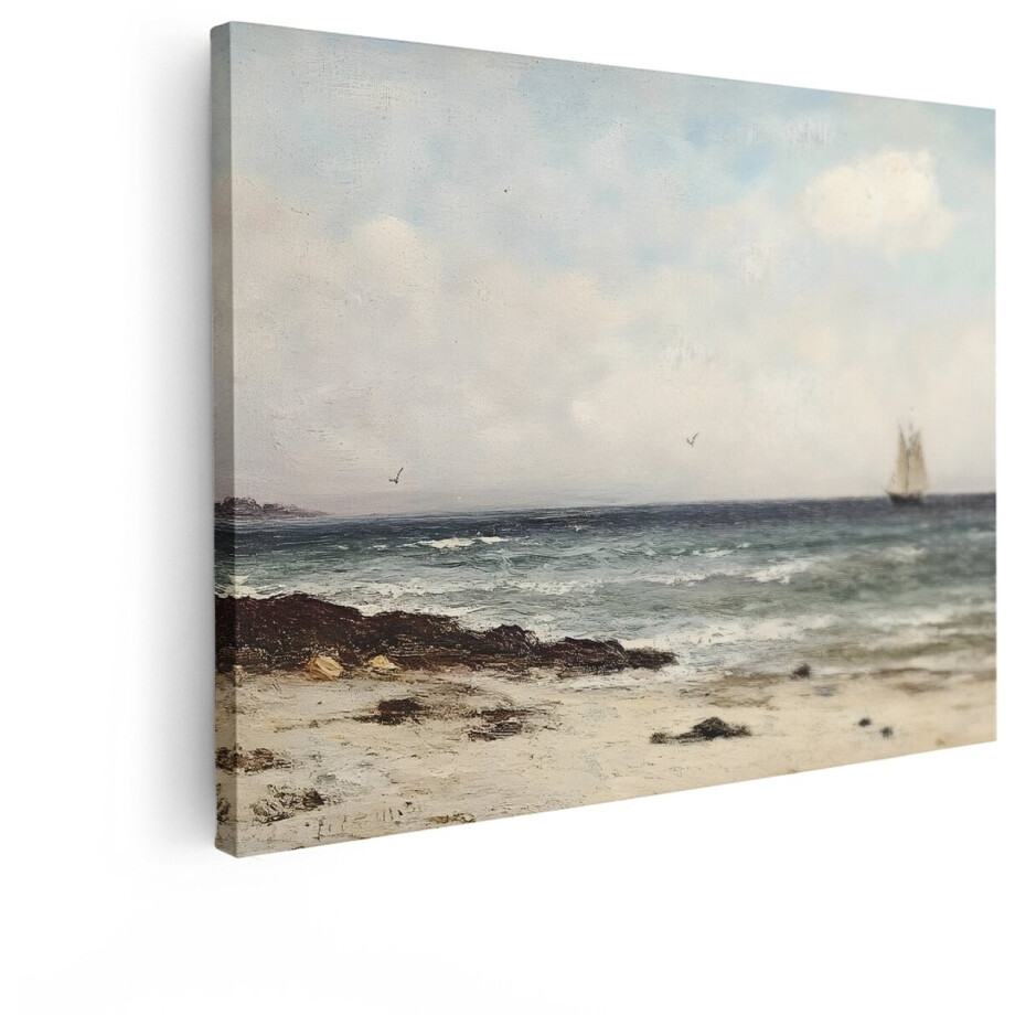 Artaza Canvas Schilderij Schilderij van een Zeilboot op Zee met een Rotsachtige Kustlijn en Meeuwen - 80x60 cm - Wanddecoratie Woonkamer - Schilderijen - Muurdecoratie afbeelding 1