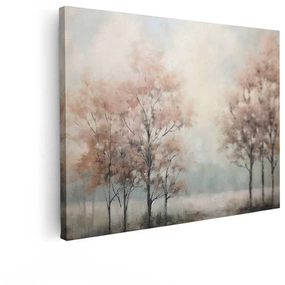 Artaza Canvas Schilderij Schilderij van Bomen met Roze Bladeren in een Mistige - Dromerige Landschapssfeer - 120x90 cm - Groot - Wanddecoratie Woonkamer - Schilderijen - Muurdecoratie afbeelding 1