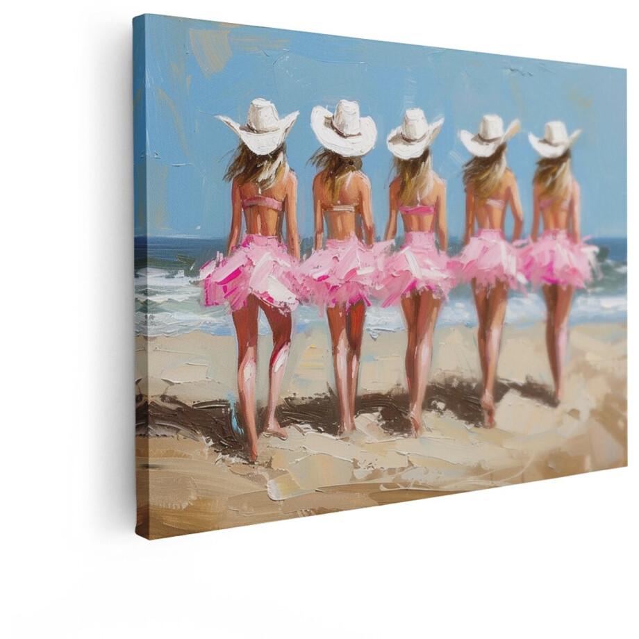 Artaza Canvas Schilderij Strand - 40x30 cm - Wanddecoratie Vrouwen Cowboyhoed - Muurdecoratie Roze - Kamer Accessoires Zee afbeelding 1